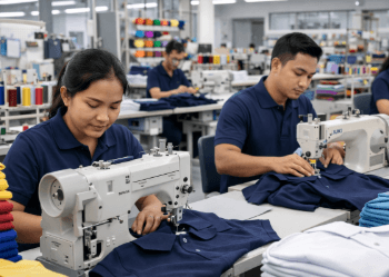 Proses menjahit kerah pada pakaian polo berkualitas di pusat jasa jahit kaos dan polo di Medan.