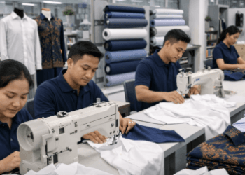 Pengerjaan kemeja formal yang presisi dan rapi di pusat jasa jahit kemeja dan seragam kantor di Medan.