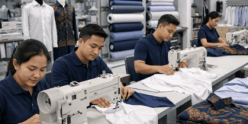 Pengerjaan kemeja formal yang presisi dan rapi di pusat jasa jahit kemeja dan seragam kantor di Medan.