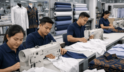 Pengerjaan kemeja formal yang presisi dan rapi di pusat jasa jahit kemeja dan seragam kantor di Medan.