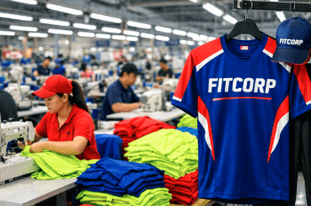 Produksi massal pakaian atletik menggunakan mesin jahit modern di pusat jasa jahit seragam olahraga di Medan.