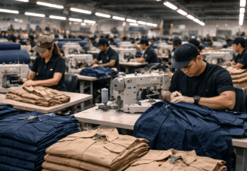 Proses penjahitan baju lapangan dengan benang nilon kuat di pusat jasa jahit seragam satpam dan PDL di Medan.