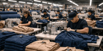 Proses penjahitan baju lapangan dengan benang nilon kuat di pusat jasa jahit seragam satpam dan PDL di Medan.