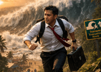 Infografis trik tinggalkan area bibir laut yang menampilkan warga menerapkan jurus jauhi kawasan pesisir pantai.