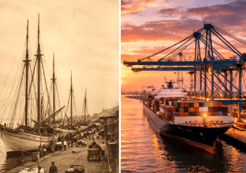 Visualisasi modern yang berkaitan dengan Sejarah Pelabuhan Belawan dan kesibukan kapal kargo internasional saat ini.