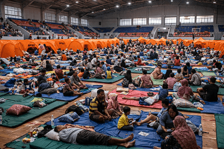 Suasana di dalam posko pengungsian banjir Kabupaten Demak yang menampung ribuan warga terdampak.