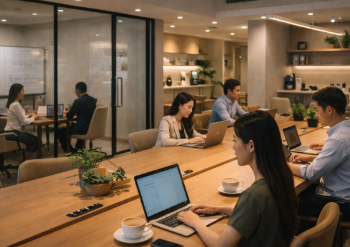 Fasilitas lengkap di salah satu kafe co-working di Medan yang mendukung produktivitas kerja dan kolaborasi tim.