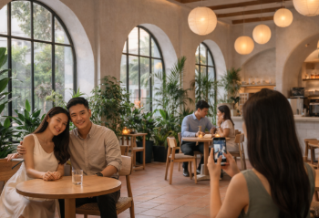 Salah satu sudut kafe instagramable di Medan dengan desain interior minimalis yang estetik untuk foto OOTD.