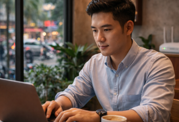 Suasana produktif di salah satu kafe di Medan buat kerja yang memiliki fasilitas WiFi kencang.