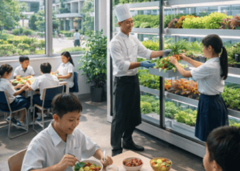 Program Kantin Sehat Medan yang menyajikan bahan pangan segar hasil budidaya siswa di lingkungan sekolah mereka sendiri.