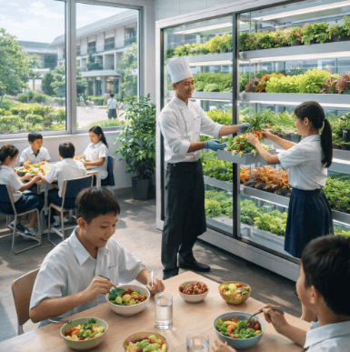 Program Kantin Sehat Medan yang menyajikan bahan pangan segar hasil budidaya siswa di lingkungan sekolah mereka sendiri.
