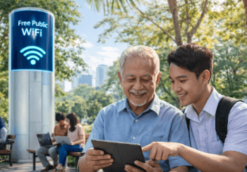 Pemanfaatan program Keadilan Digital Medan oleh masyarakat di ruang terbuka hijau yang kini sudah terkoneksi internet gratis.