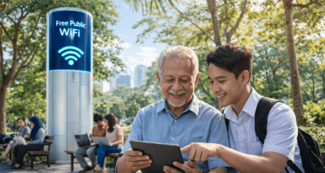 Pemanfaatan program Keadilan Digital Medan oleh masyarakat di ruang terbuka hijau yang kini sudah terkoneksi internet gratis.