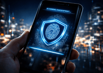 Ilustrasi sistem keamanan transaksi digital 2026 yang melindungi ponsel dan saldo pengguna.