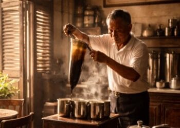 Suasana klasik kedai kopi Medan legendaris dengan meja marmer dan cangkir keramik khas masa lalu.