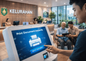 Warga sedang menggunakan mesin mandiri di kantor Kelurahan Digital Medan untuk mencetak dokumen secara otomatis dan cepat.