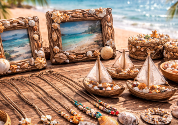 Berbagai bentuk kerajinan kerang yang menjadi pilihan favorit wisatawan sebagai oleh-oleh kampung nelayan.