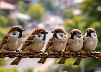 Sekelompok Burung Gereja Medan sedang bertengger di kabel listrik pusat kota saat pagi hari.