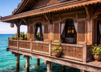 Detail struktur kayu pada arsitektur kampung nelayan yang dirancang khusus untuk menghadapi pasang air laut.