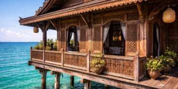 Detail struktur kayu pada arsitektur kampung nelayan yang dirancang khusus untuk menghadapi pasang air laut.