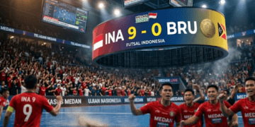 Papan skor digital yang menunjukkan dominasi gol Timnas Futsal Indonesia saat menghadapi Brunei Darussalam.