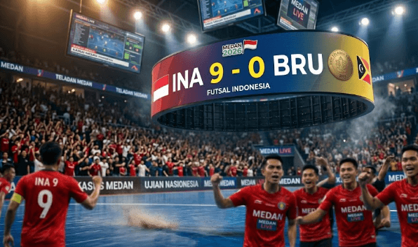Papan skor digital yang menunjukkan dominasi gol Timnas Futsal Indonesia saat menghadapi Brunei Darussalam.