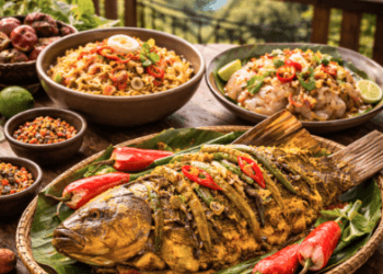 Sajian lezat kuliner khas Danau Toba berupa Ikan Mas Arsik dengan bumbu kuning yang kaya rempah.