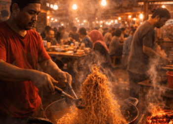 Suasana ramai para pemburu Kuliner Malam Medan yang sedang menikmati hidangan mi dan sate legendaris di pinggir jalan.