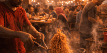 Suasana ramai para pemburu Kuliner Malam Medan yang sedang menikmati hidangan mi dan sate legendaris di pinggir jalan.