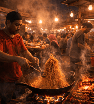 Suasana ramai para pemburu Kuliner Malam Medan yang sedang menikmati hidangan mi dan sate legendaris di pinggir jalan.