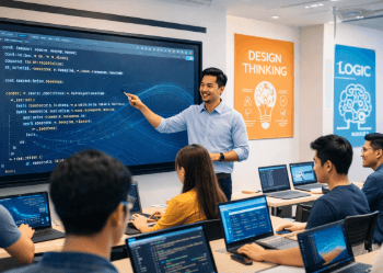 Kegiatan belajar mengajar di pusat Kursus Coding & Desain Medan yang mencetak talenta digital siap kerja untuk industri kreatif.