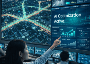 Pusat kendali Lalu Lintas AI Medan yang memantau dan mengatur durasi lampu jalan secara otomatis guna mencegah penumpukan kendaraan.