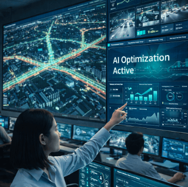 Pusat kendali Lalu Lintas AI Medan yang memantau dan mengatur durasi lampu jalan secara otomatis guna mencegah penumpukan kendaraan.