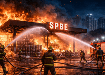 Petugas pemadam kebakaran memadamkan sisa api di lokasi ledakan SPBE Bekasi.