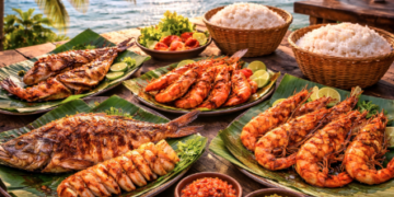 Sajian seafood bakar yang menggugah selera sebagai bagian dari pengalaman kuliner kampung nelayan.