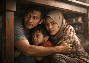 Infografis aksi tanggap darurat yang menampilkan seorang ayah melindungi anak istri bawah meja saat bumi berguncang hebat.