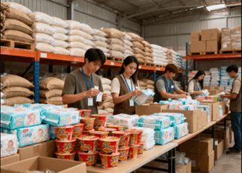 Relawan sedang menyusun paket Logistik Banjir Demak 2026 di gudang penyimpanan darurat Jawa Tengah.