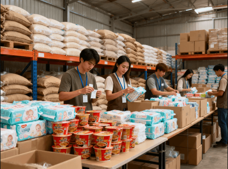Relawan sedang menyusun paket Logistik Banjir Demak 2026 di gudang penyimpanan darurat Jawa Tengah.