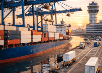 Aktivitas bongkar muat peti kemas di area Pelabuhan Medan yang sangat sibuk.