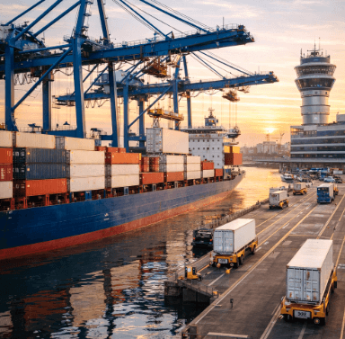 Aktivitas bongkar muat peti kemas di area Pelabuhan Medan yang sangat sibuk.