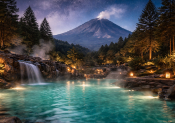 Wisatawan menikmati suasana tenang di kolam pemandian air hangat Berastagi saat malam hari.