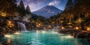 Wisatawan menikmati suasana tenang di kolam pemandian air hangat Berastagi saat malam hari.