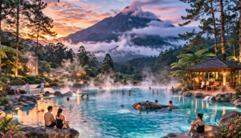 Uap hangat mengepul dari permukaan kolam pemandian air panas alami di kawasan kaki Gunung Sibayak yang asri.