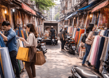 Deretan toko kain di kawasan Jalan Sambu yang menjadi salah satu pusat grosir kain murah di Medan.