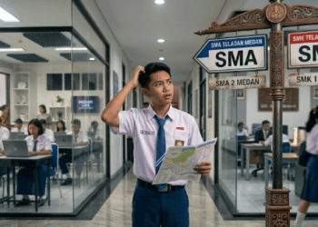 Ilustrasi siswa yang sedang mempertimbangkan pilihan antara masuk SMA atau SMK setelah menyelesaikan ujian TKA SMP 2026.