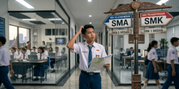 Ilustrasi siswa yang sedang mempertimbangkan pilihan antara masuk SMA atau SMK setelah menyelesaikan ujian TKA SMP 2026.