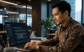 Infografis trik pakai mesin pintar harian yang menampilkan pekerja menerapkan jurus manfaatkan bot obrolan buat kerja.