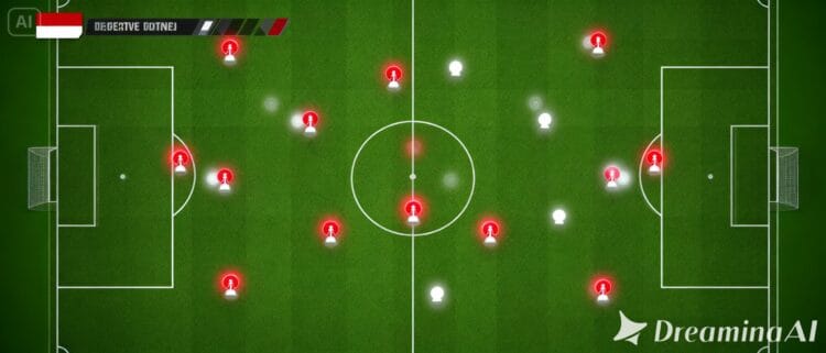 Diagram taktik formasi lini belakang Timnas Indonesia dalam skema tiga bek.
