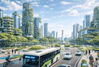 Gambaran visual Masa Depan Medan 2030 yang sangat asri dan penuh dengan teknologi transportasi listrik yang terintegrasi secara cerdas.