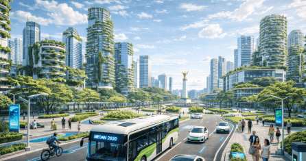 Gambaran visual Masa Depan Medan 2030 yang sangat asri dan penuh dengan teknologi transportasi listrik yang terintegrasi secara cerdas.